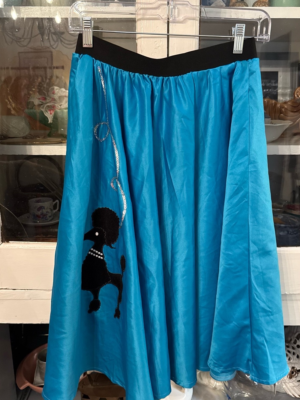 Womens Blue Novelty Poodle Circle Skirt with Black Waistband